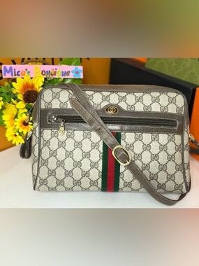 Auth GUCCI GG Supreme Web Sherry Line Bag PVC Beige Gold Red